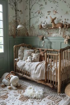 a baby crib with stuffed animals on the bed and in front of a window