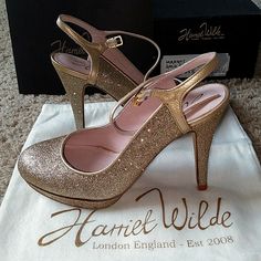 Harriet Wilde - Margo Gold Glitter Heels Brand New In Box - Still Has Protective Liner In The Soles. Come With: Box, Heels, Cloth Carrying Bag, Booklet And More. ~Style Up Your Life With Your New Fancy Heels!~ Gold Shimmer Heels For Gala, Champagne Glitter Heels For Gala, Gold Sparkling Heels For Gala, Gold Glitter Heels For Gala, Gold Glitter Closed Toe Wedding Shoes, Elegant Party Heels With Glitter Print, Gold Closed Toe Wedding Shoes With Glitter, Gold Glitter Wedding Shoes For Party, Gold Glitter Wedding Shoes For Evening