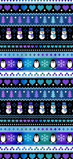 snowmen and hearts on a blue, purple, and black striped knitted background