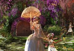 two women in white dresses are holding an umbrella and some flowers near a pond with purple plants