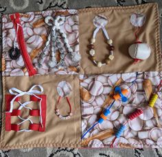 several different items are laid out on a tablecloth to be used as an art project