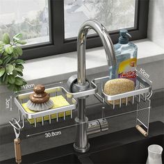 a kitchen sink with cleaning supplies in the bottom rack and on top of it is a window sill