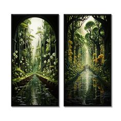 two paintings with trees and plants on them, one is in the middle of water