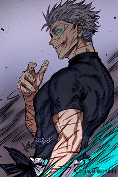 an anime character with grey hair and blue eyes pointing to the side while wearing a black t - shirt