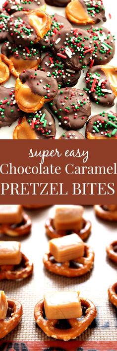 chocolate caramel pretzel bites with sprinkles and candy on top