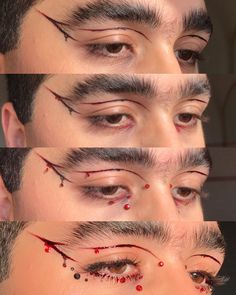 Mens Red Eye Makeup, Male Fairy Makeup Ideas, Masc Vampire Makeup, Gothic Makeup Men, Devil Makeup Men, Halloween Make Up Men, Male Eye Makeup, Men With Makeup, Vampire Makeup Men