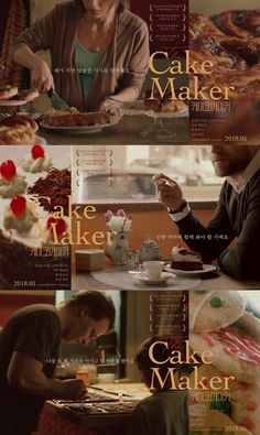 the movie poster for cake maker with two people sitting at a table in front of cakes