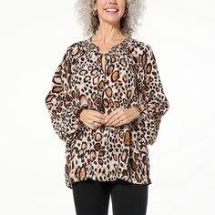 Colleen Lopez Printed Blouse with Novelty Neckband From laid back and casual to elevated and sophisticated, this printed georgette top can do it all. Paired with your favorite denim, this style’s long blouson sleeves, split neckline, and novelty neckband do all the talking. Spring Leopard Print Stretch Blouse, Leopard Print Stretch Blouse For Spring, Stretch Leopard Print Blouse, Stretch Leopard Print Blouse For Spring, Georgette Tops, Draped Fabric, Printed Blouse, Fashion Clothes Women, Do It