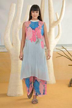 Aqua blue band collared kurta with flower prints. Comes with coordinating wide leg pant and inner slip. - Aza Fashions Light Blue Floral Print Sets For Spring, Straight Kurta, Blue Band, Band Collar, Pant Set, Straight Pants, Set For Women, Aza Fashion, Aqua Blue