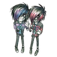 two young boys with colorful hair are standing next to each other and looking at something