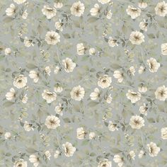 a floral wallpaper with white flowers and green leaves on a gray background in pastel shades