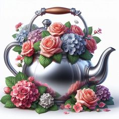 a painting of a tea pot with flowers on it