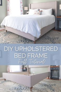 the before and after of a bed frame makeover with upholsterd fabric