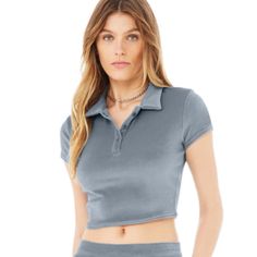 Brand New Steel Blue Color Trendy Alo Yoga Tops, Spring Fitted Alo Yoga Tops, Alo Yoga Fitted Casual Tops, Summer Fitted Alo Yoga Tops, Alo Yoga Fitted Summer Tops, Fitted Alo Yoga Tops For Summer, Velour Fabric, Sleeves Top, Back Women