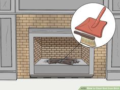 a brick fireplace with a broom and duster on the fire place next to it