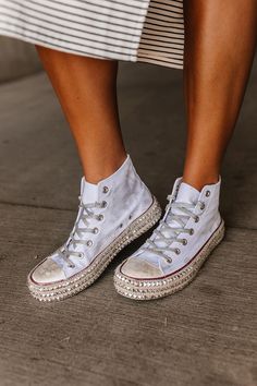 Classic high top Lace up sneakers Light distressing Studded sole details Fits true to size Lace Up Sneakers, Boot Accessories, Denim Leggings, Sneaker Heels, Boot Sandals, Lace Tops, Jogger Pants, Short Pants, High Top