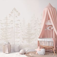 a baby's room with a pink canopy bed and white wallpaper on the walls