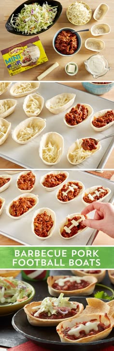 there are many different types of food on the trays and in bowls, including tortilla shells