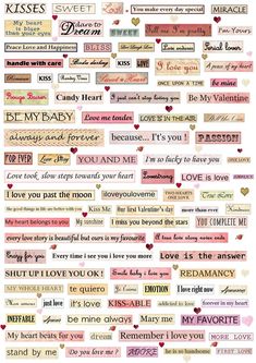 many different types of words and phrases on a white background, with hearts in the middle