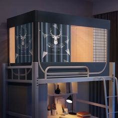 a bunk bed with a deer head on the side and an arrow sign above it