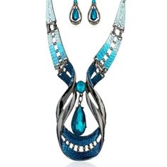 Blue Gems Necklace Crystal Drops Earrings Jewelry Set Elegant Blue Alloy Jewelry Sets, Blue Alloy Necklaces For Party, Blue Metal Jewelry Sets, Elegant Blue Alloy Necklace, Elegant Turquoise Jewelry Set For Party, Blue Metal Jewelry Sets As A Gift, Teardrop Blue Jewelry For Party, Blue Teardrop Jewelry For Party, Blue Teardrop Necklace For Party