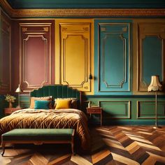 a bedroom with green, yellow and brown colors on the walls next to a bed