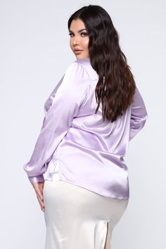 Available In White, Black, Lavender, Neon Yellow, Neon Pink And Pink Satin Top Button Down Long Sleeve 95% Polyester 5% Spandex Imported | Smooth Talkin' Button Down Top in Lavender size 1X by Fashion Nova Purple Long Sleeve Tops With Button Closure, Lavender Top With Button Closure For Spring, Lavender Spring Top With Button Closure, Lavender Tops With Button Closure For Spring, Elegant Lavender Long Sleeve Top, Elegant Long Sleeve Lavender Tops, Purple V-neck Blouse With Buttons, Lavender Long Sleeve Top With Buttons, Lavender Button-up Tops For Workwear