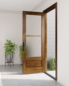 an empty room with a potted plant in the corner and a wooden door open