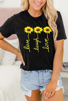 Live Laugh Love Sunflower Black T-shirt Black Floral Print Casual T-shirt, Trendy Black Floral Print T-shirt, Black T-shirt With Sunflower Print For Spring, Casual Black T-shirt With Floral Print, Casual Black Floral Print T-shirt, Spring Black T-shirt With Floral Print, Black Floral Print T-shirt For Spring, Black Floral Print Crew Neck T-shirt, Spring Black T-shirt With Sunflower Print