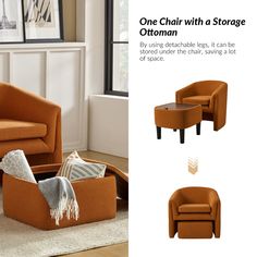 an orange chair with a storage ottoman