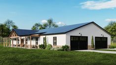 an artist's rendering of a two - car garage with solar panels on the roof