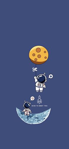 an astronaut floating in the sky with a cookie above him and another person on the moon