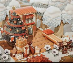 a painting of a christmas tree in the middle of a snow covered forest with gifts and presents