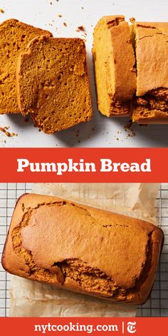 pumpkin bread is cut into slices and placed on a cooling rack with text overlay