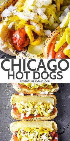 three hot dogs on buns with toppings and the words chicago hot dogs above them