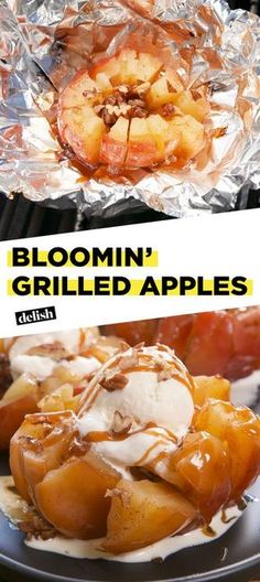 grilled apples are covered in caramel sauce and drizzled with ice cream