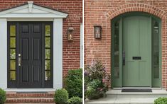 two pictures of the same front door, one with green and white trim on it