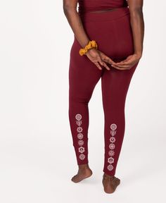 Printed down the back calf, these Chakra leggings will send your mind and soul into a state of serenity. Start with Root, Sacral, Solar, Heart, Throat, Third Eye, and end with Crown. Namaste! Full length. Burgundy. Beautiful Boho Dresses, Sixties Dress, Cotton Sports Bra, Organic Cotton Leggings, Cotton Wrap Dress, Burgundy Leggings, Boho Clothes, Cotton Bralette, Tie Dye Tunics