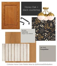 the color scheme for honey oak and black countertops is shown in shades of gray, gold