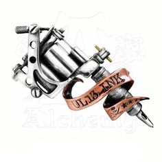 an ink drawing of two different types of tattoo machines with words on the top and bottom