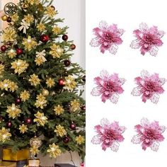 a christmas tree decorated with pink and gold flowers next to pictures of decorations on the wall