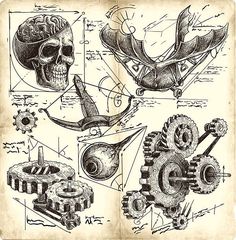 an old paper with drawings on the theme of mechanical devices and human head, including gears