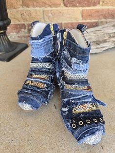 Custom denim cowboy boots girls size 3 Western Denim Boots For Rodeo, Western Denim Boots With Round Toe, Western Denim Boots, Western Style Denim Blue Boots With Round Toe, Denim Blue Western Boots With Round Toe, Western Boots With Round Toe In Denim Blue, Denim Cowboy Boots, Denim Cowboy, Girl Cowboy Boots