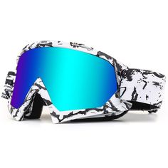 a pair of ski goggles sitting on top of a white surface with blue mirrored lenses