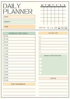 the daily planner is shown in this printable version, with notes for each month