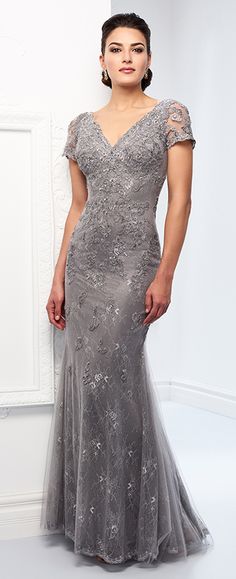 Lace and tulle slim trumpet gown with lace illusion short sleeves, front and back scalloped V-necklines, dropped waist, inset sweep train. NEW Color: Gray Mom Wedding Dress, Dress Stores, Wedding Dress Store