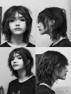 Wolf Haircuts Short, Short Shag Haircut With Curtain Bangs, Cute Hairstyles 2023, Shaggy Bob Mullet, Easy To Style Short Hair, Wolf Haircut Woman Short, 90s Shag Haircut Short, Wolfcut Hair Drawing Reference, Black And White Shag Hair