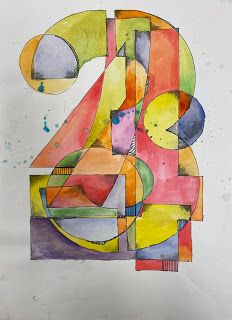 an abstract painting with different colors and shapes on it's surface, including the number four