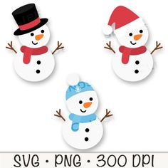 three snowmen wearing hats and scarfs