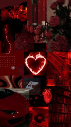 a collage of red and black images with hearts, roses, books, and candles